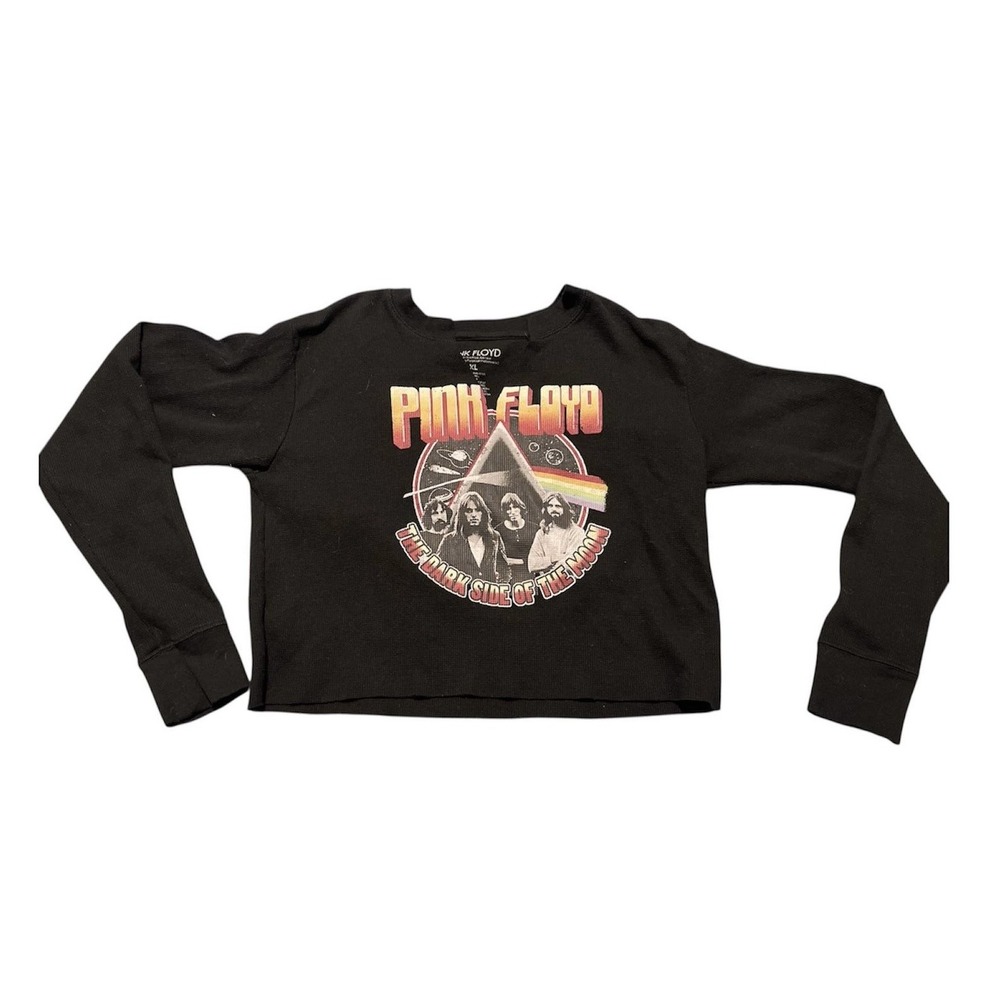 Pink Floyd Shirt Womens XL Black Dark Side Of The Moon Crop Long Sleeve Band Tee